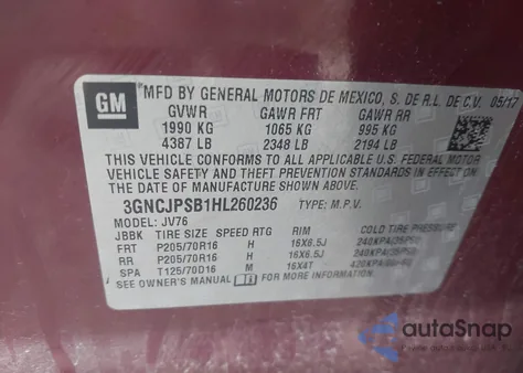 2017 Chevrolet Trax Lt from USA, damaged, VIN 3GNCJPSB1HL260236